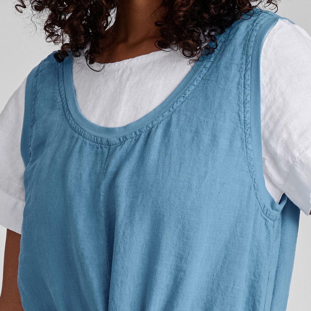 Urban Jumpsuit, shown in Caribbean, size Small.  Zoom on neckline and armhole detail, trimmed in soft cotton knit. (Worn layered over the short sleeve Roadie Tee in white)