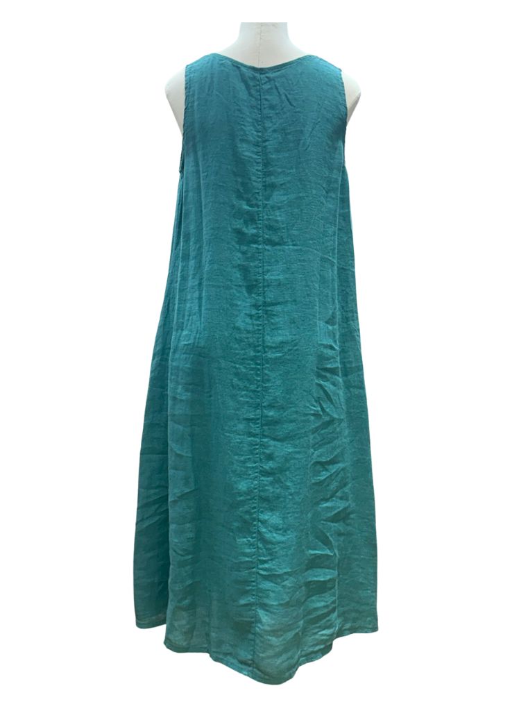2 piece dress - featuring the Linen dress only, on the reverse with center seam detail.  Ends below the knee at mid-length.  100% Linen.