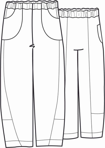 Seamly Pant (sketch shown), ankle length linen pant with a full elastic waist, side pockets, and roomy legs that taper along the gathered cuff.