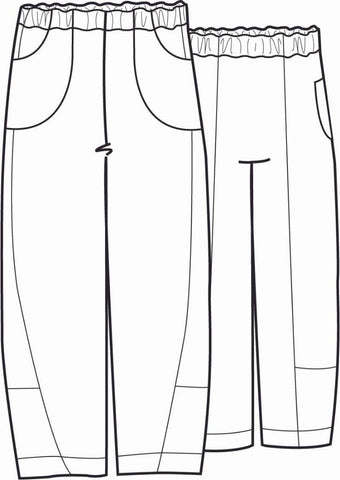 Seamly Pant (sketch shown), ankle length linen pant with a full elastic waist, side pockets, and roomy legs that taper along the gathered cuff.