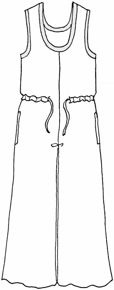 Urban Jumpsuit, detailed sketch.  100% European Linen (body) with Cotton Knit trim (92% Cotton-8% Spandex).  Sleeveless, with drawstring waist, 2 side seam pockets, and wide flowing pant legs.