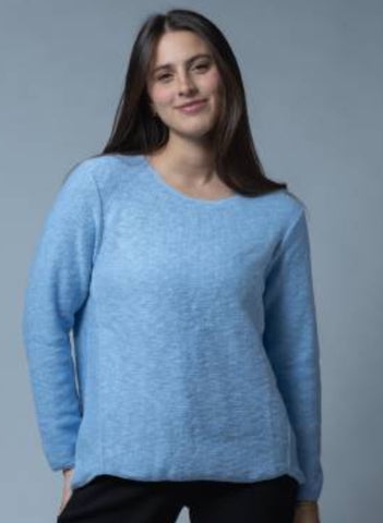 Crew Neck Sweater, shown in Sky, one size.  100% Cotton, Machine Washable.