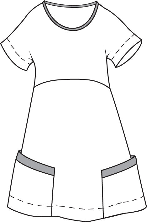 Sunny Side Dress (detailed sketch shown).  100% European Linen (body) with A-line shape and empire seam detail.  Shaded areas (round neckline and 2 Large Patch Pockets) feature soft Cotton Knit Trim.  The Dashed lines represent a wide hem finish (on the sleeves and along the bottom hem).