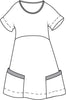 Sunny Side Dress (detailed sketch shown).  100% European Linen (body) with A-line shape and empire seam detail.  Shaded areas (round neckline and 2 Large Patch Pockets) feature soft Cotton Knit Trim.  The Dashed lines represent a wide hem finish (on the sleeves and along the bottom hem).