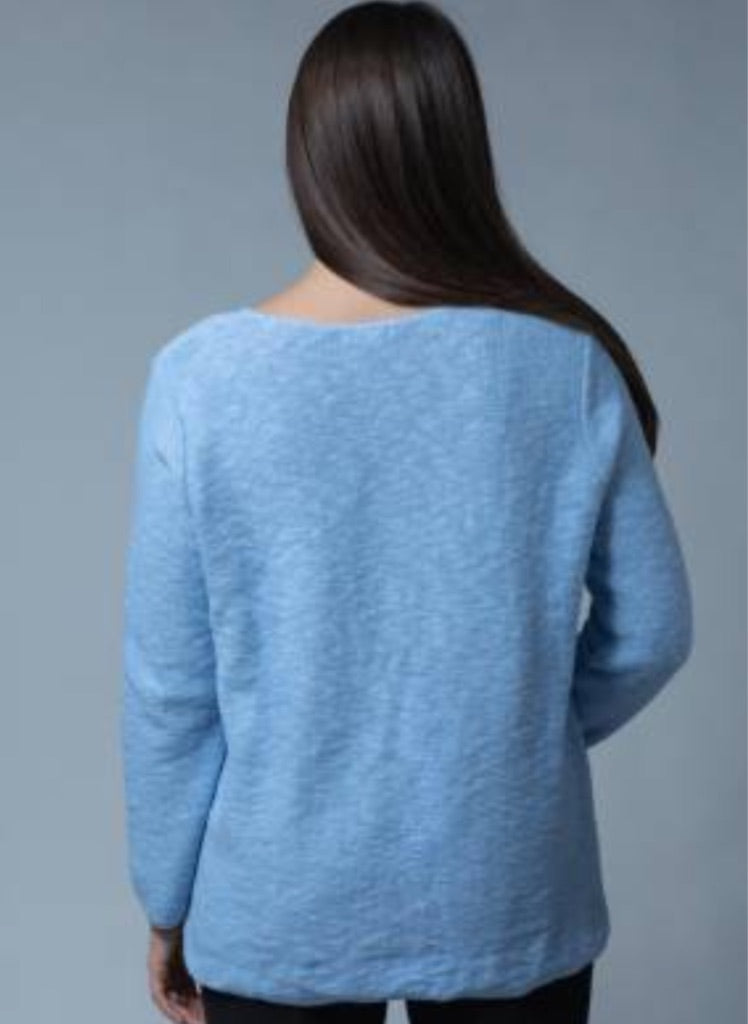 Crew Neck Sweater, shown on the reverse, in Sky, one size.  100% Cotton, Machine Washable.