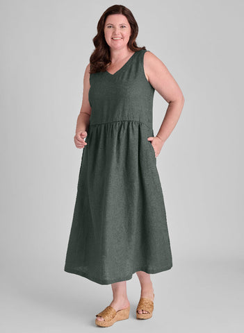 FLAX-Full Dress, shown in Petrol, size Medium.  Model is 5’9” tall.  100% European Linen.