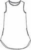 Coastal Tunic, detailed sketch shown.  100% Linen body, and shaded areas represent cotton knit trim, featuring a rounded shirttail hem, and 2 side seam pockets.