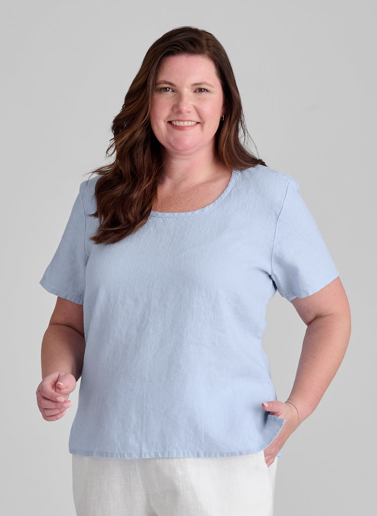 Fundamental Tee, shown in Powder (light blue), size Medium.  100% European Linen.
