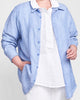 Mens shirt, shown in Periwinkle stripe, size Medium.  Worn open, layered over the Sporty shirt in White Gauze.