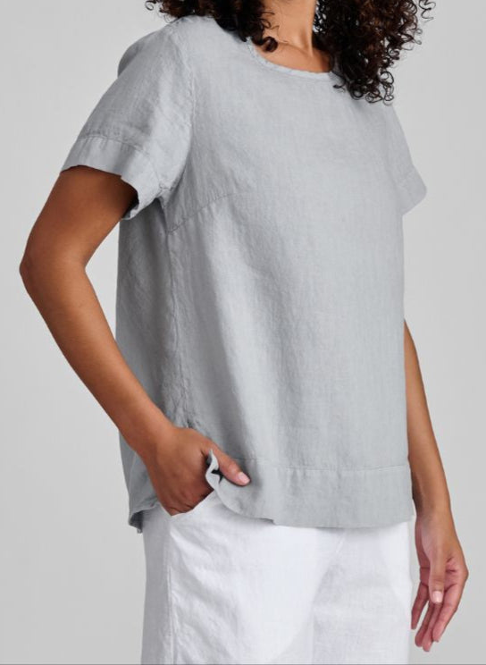 Roadie Tee, shown in Fog, size Small. 100% European Linen.