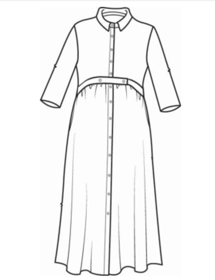 Button Down Dress, detailed sketch shown.  A long and flowing maxi length dress, with a shirt collar, 3/4 sleeves, a boxy fit in the bodice, 2 side pockets, and an A-line skirt. Featuring buttons from top to bottom, gathered with seam detail defining the waist, and a bonus button-tab closure to use if it is worn open, as a duster jacket.  Finishing at the ankle (or just below), depending on your height. 100% European Linen (with Natural Corozo Buttons)