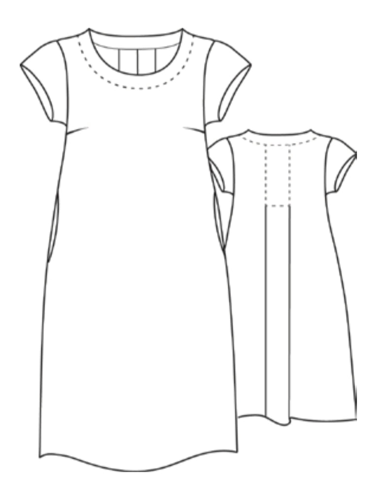 Tuck Back Dress, sketch shown.  Reverse side features unique and feminine pin tuck detail.