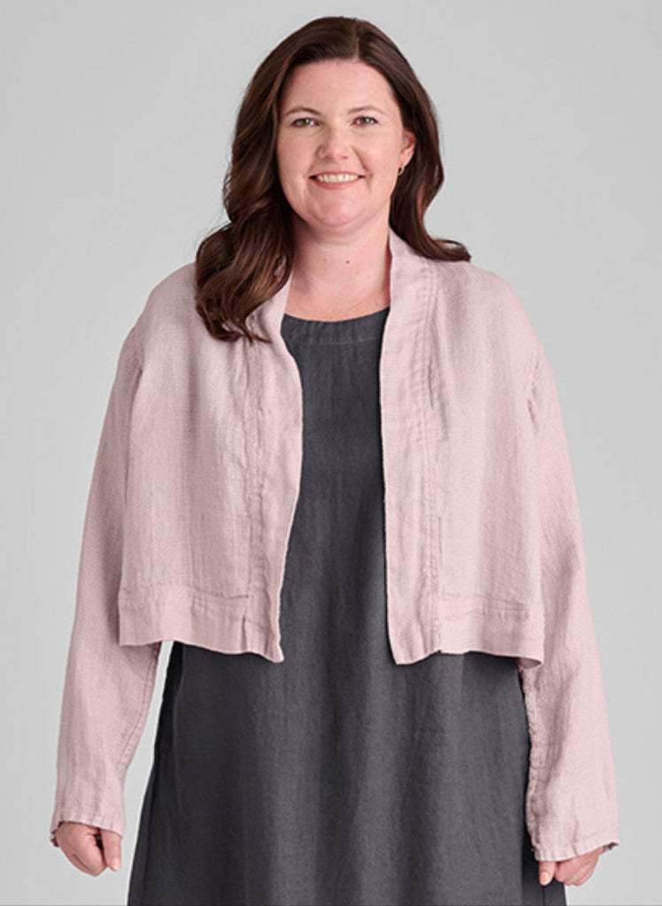 Cropped Cardigan, shown in Petal Waffle, size Medium  100% European Linen, waffle texture. 