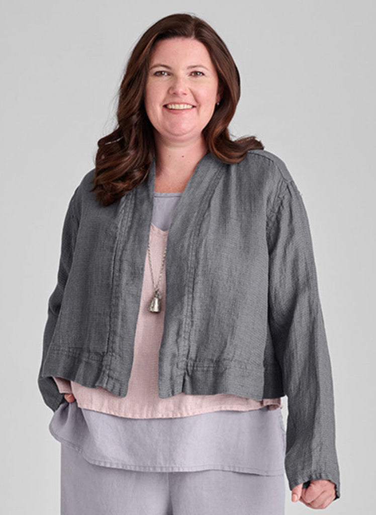 Cropped Cardigan, shown in Castlerock Waffle, size Medium.  100% European Linen, waffle texture.