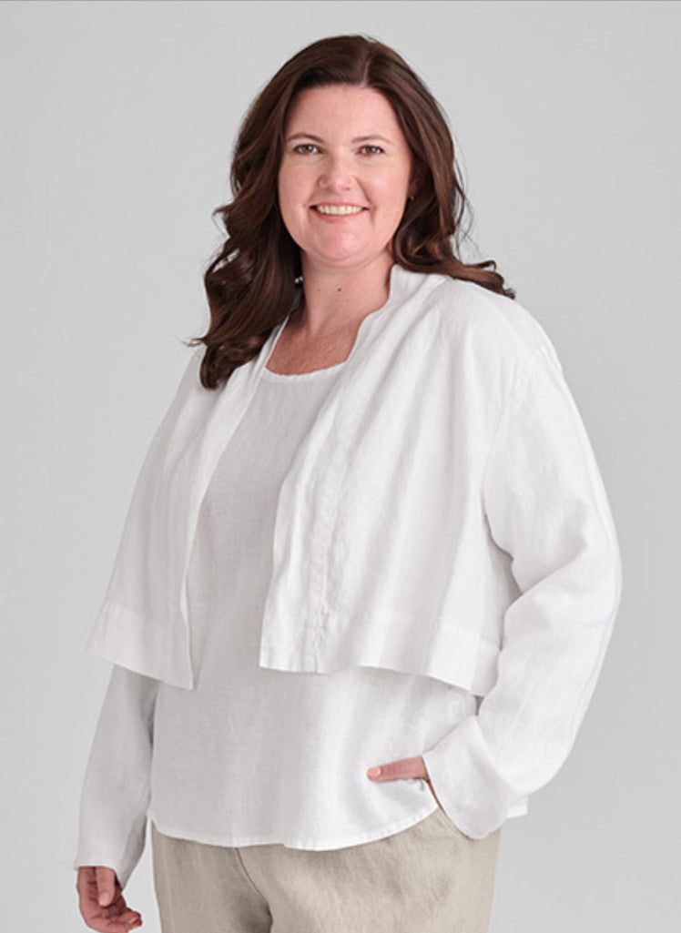 Cropped Cardigan, shown in White, size Medium.  100% Solid European Linen.