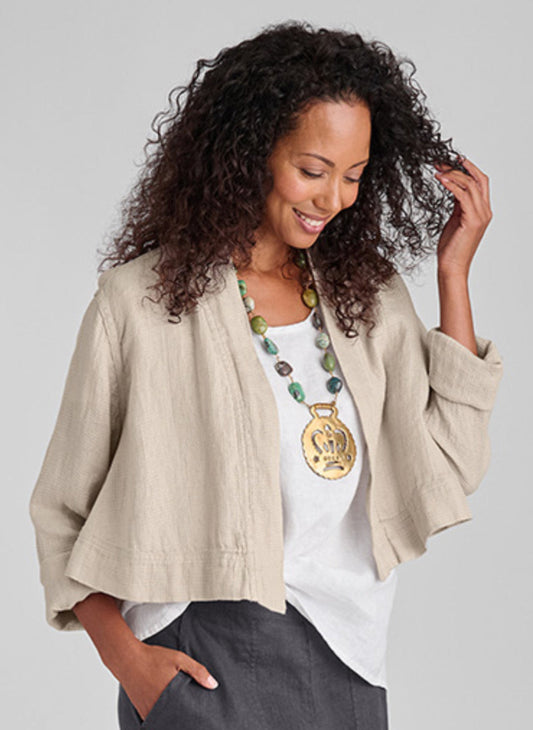Cropped Cardigan, shown in Oatmeal Waffle, size Small.  100% European Linen, waffle texture. 