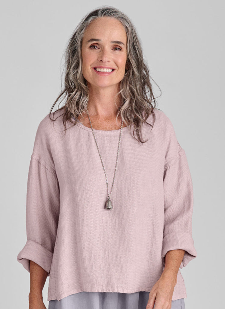 Easy Tee, shown in Petal Waffle, size Small.  Layered over the FLAX-Full Dress.