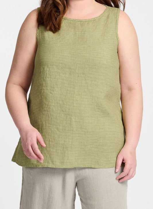 Layer Tank, shown in Rosemary Stripe. Model is wearing size Medium