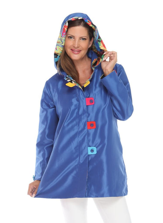 Oopera Rain Coat, shown in Blue.  Worn buttoned, hood up, and sleeves are worn at full length.