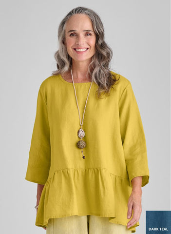 Peplum Tunic, shown in Citrine, size Small. Note: color shown in photo is N/A.  We are offering in Dark Teal only.