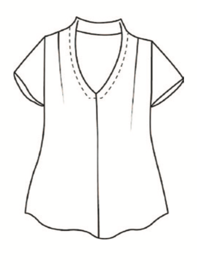 RSVP Tee, detailed sketch shown.  Dotted lines represent stitch detail along the v-neckline.  Featuring shoulder darts, and center seam detail.