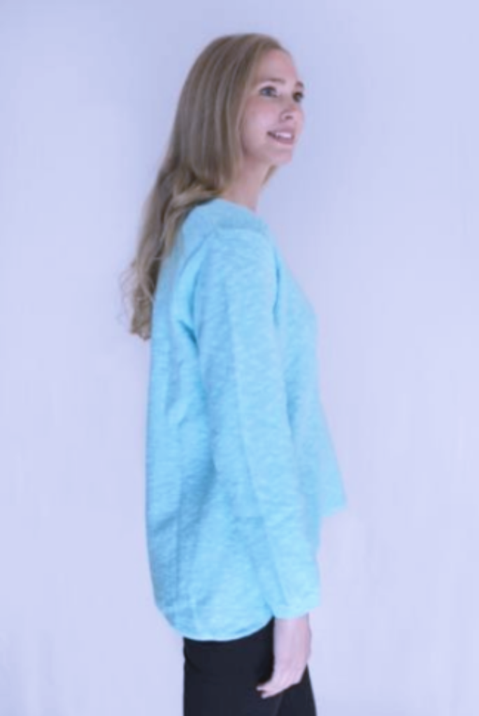 Front Seam Cotton Crew Sweater, shown on the side profile, in Aqua.