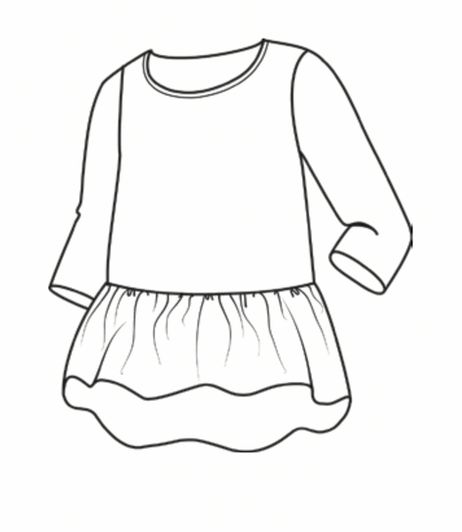 Peplum Tunic, detailed sketch.  3/4 sleeves, rounded neckline, and unique Peplum and gathered detail, with hi-low hemline.