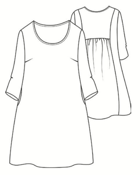 Happy Gathers Dress, sketch of front and back detail.