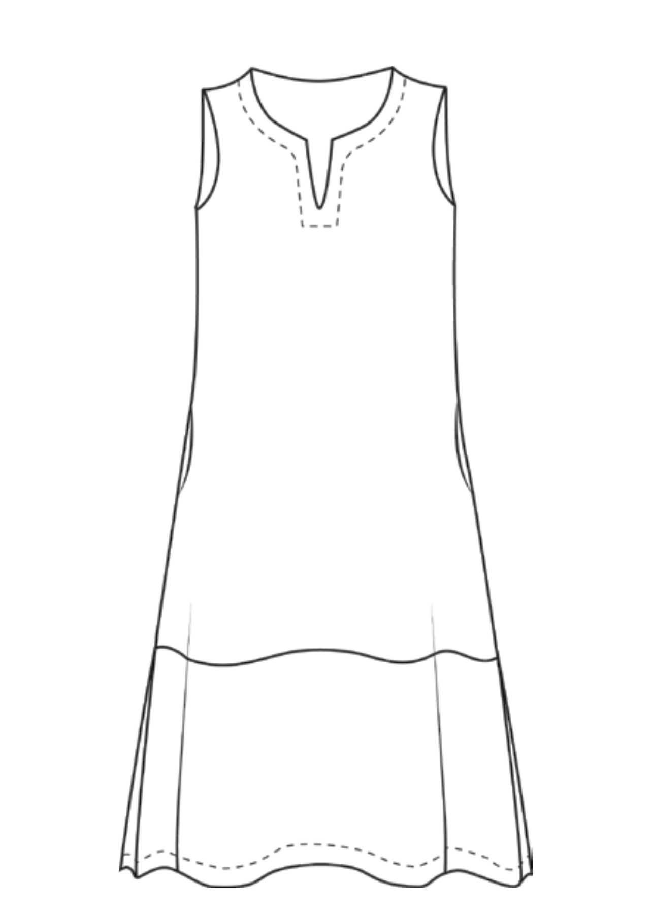 Tahira Dress, sketch shown.  dotted lines represent seam detail.  sleeveless Maxi dress, neckline is rounded with split v-neck detail, 2 side seam pockets on the hip, and horizontal seam detail forms the border, finished with long hem slits on either side.  100% Yarn Dyed European Linen, Pre-shrunk, Machine Washable.