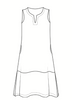 Tahira Dress, sketch shown.  dotted lines represent seam detail.  sleeveless Maxi dress, neckline is rounded with split v-neck detail, 2 side seam pockets on the hip, and horizontal seam detail forms the border, finished with long hem slits on either side.  100% Yarn Dyed European Linen, Pre-shrunk, Machine Washable.