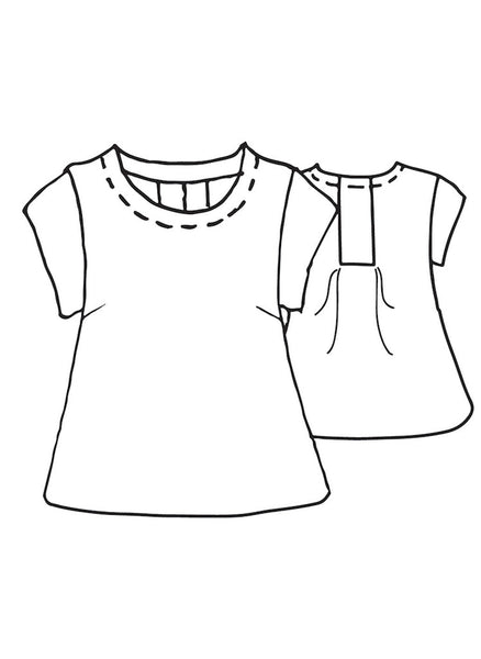 Tuck Back Tee (detailed sketch) showing cap sleeves, high neckline with border detail and shaping seams at the bust, and beautiful pintuck detail on back