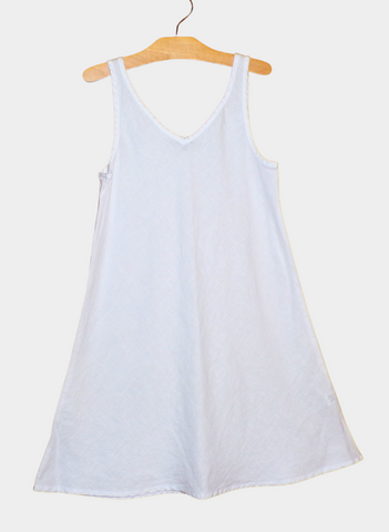 Two Way Bias Tunic, shown in solid White.  Deep v-neckline, sleeveless, cut on the bias for a more contoured fit.  100% European Linen, Machine Washable.