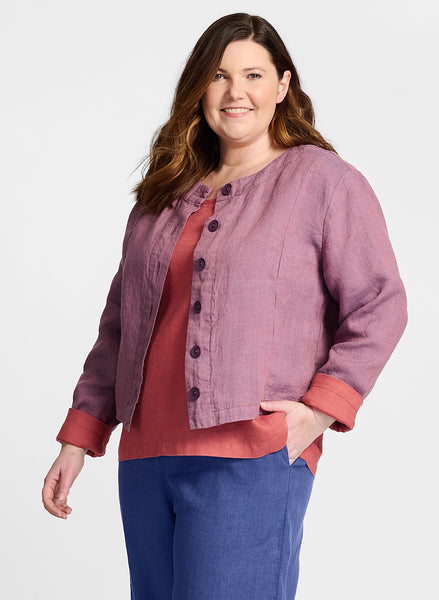 Adele Jacket (shown in Berry Yarn Dye), worn open layered over the Pure Top (Red Currant), paired with the Sociable Floods (Blueberry).  Model is 5'9" tall, wearing size Medium.