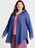 Afternoon Cover, shown in Blueberry, worn unbuttoned over the Layer Tank.  Model is 5'9" tall, wearing size Medium.