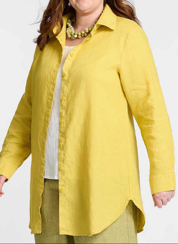 Afternoon Cover, shown in Goldenrod, worn unbuttoned over the White Fundamental Tank.  Model is 5'9" tall, wearing size Medium.