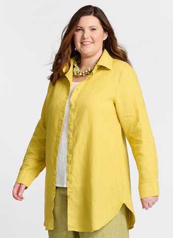 Afternoon Cover, shown in Goldenrod, worn unbuttoned over the White Fundamental Tank.  Model is 5'9" tall, wearing size Medium.