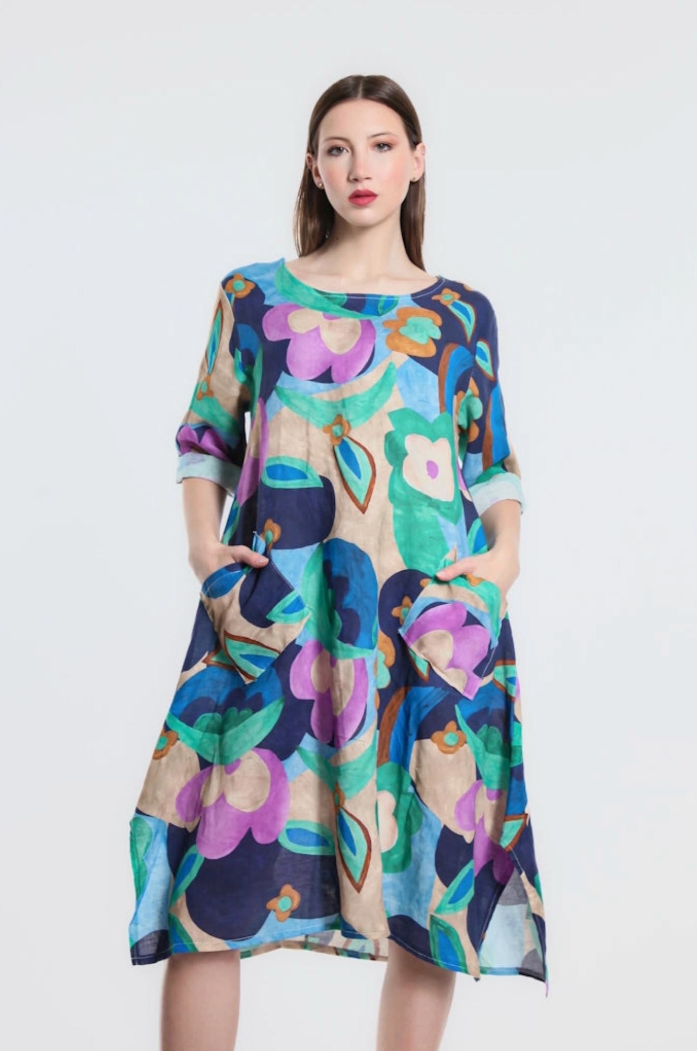 April Dress, shown in Navy Cloudscape. One size,  Model is approximately 5'9" tall.  100% Linen, Made in Italy.