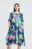 April Dress, shown in Navy Cloudscape. One size,  Model is approximately 5'9" tall.  100% Linen, Made in Italy.