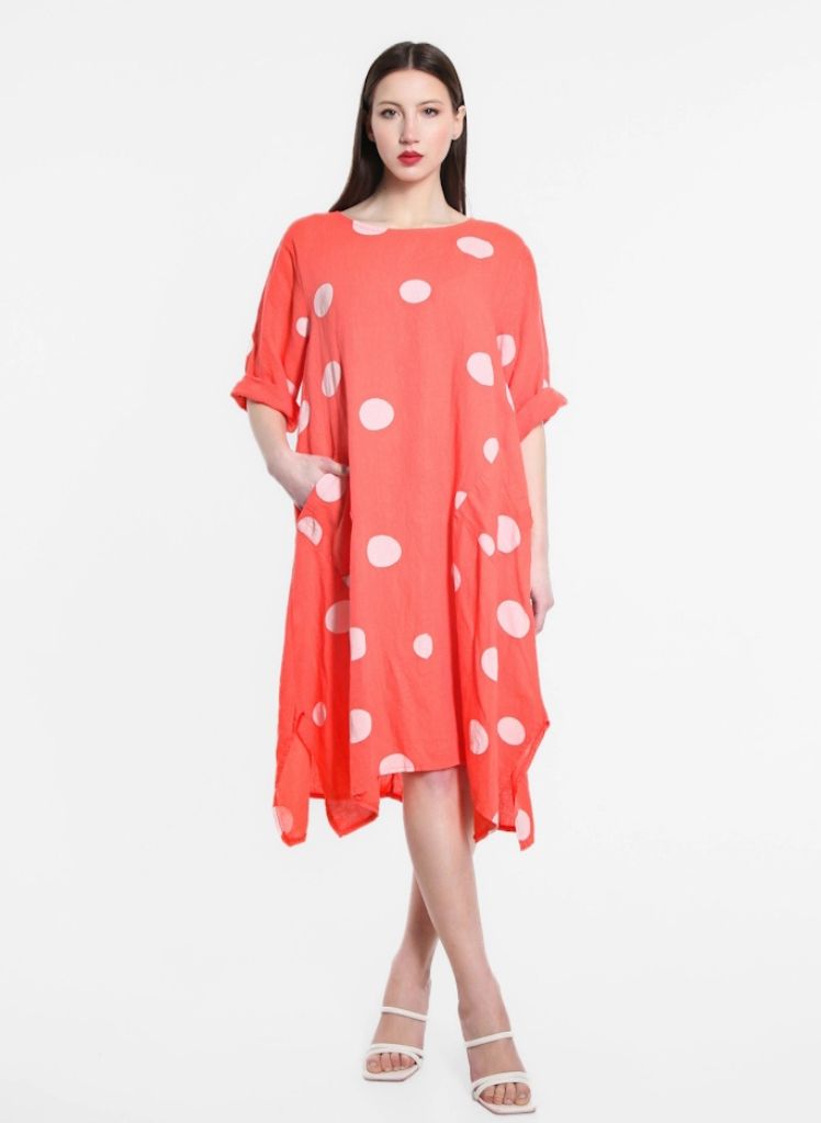 April Spotted Dress, shown in Coral, on the front.  One size,  Model is approximately 5'9" tall.  100% Linen, Made in Italy.