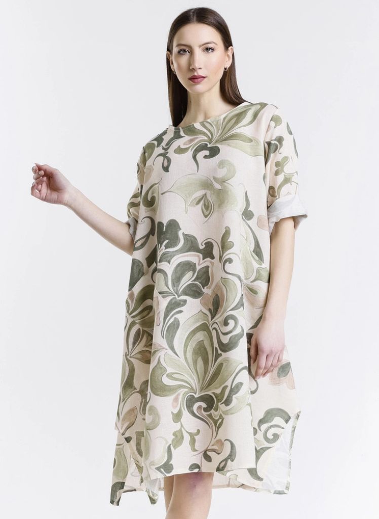 April Fleur Dress, shown in Army, on the front.  One size,  Model is approximately 5'9" tall.  100% Linen, Made in Italy.
