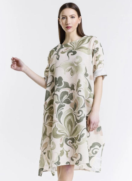 April Fleur Dress, shown in Army, on the front.  One size,  Model is approximately 5'9" tall.  100% Linen, Made in Italy.