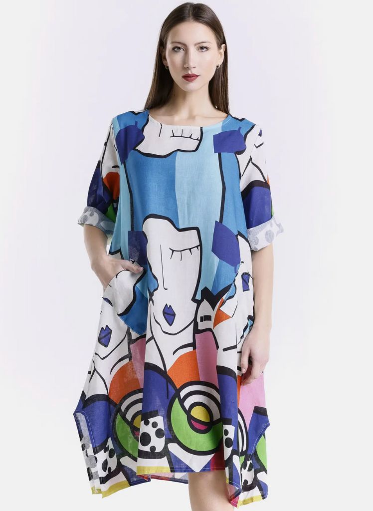 April Faces Dress, shown in Turquoise on the front.  One size,  Model is approximately 5'9" tall.  100% Linen, Made in Italy.