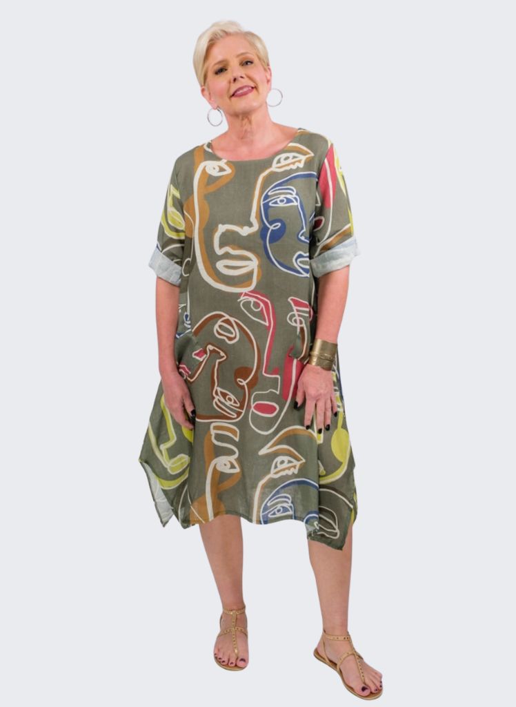 April Dress, shown in Olive Picasso.  One size fits most.