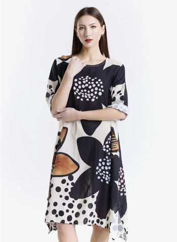 April Large Flower Dress, shown in Black/Brown, on the front.  One size,  Model is approximately 5'9" tall.  100% Linen, Made in Italy.
