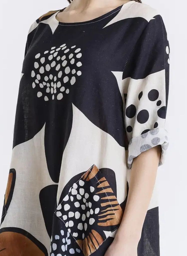 April Large Flower Dress, one size.  Featuring the neckline, shoulder, sleeve, and pocket detailing.