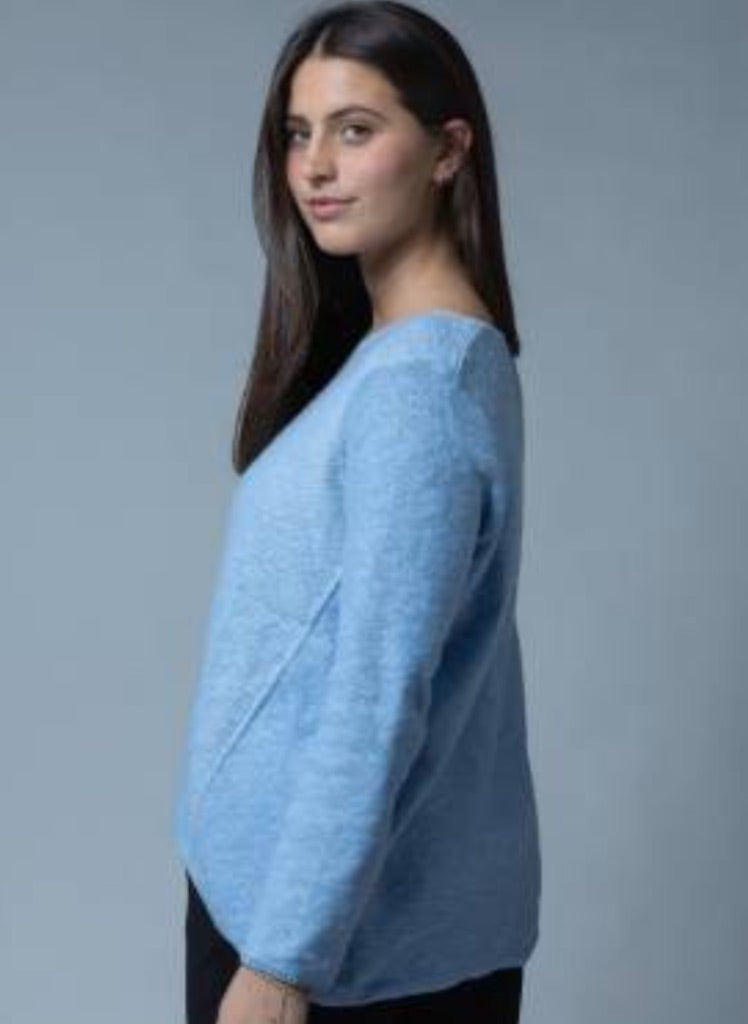 Crew Neck Sweater, shown in Sky, one size.  100% Cotton, Machine Washable.