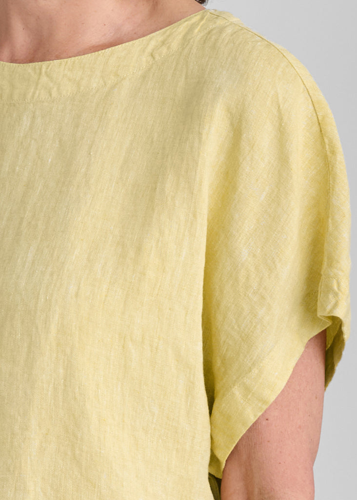 Back Slit Tee, shown in Citrine Yarn Dye.  Zoomed on the high boat neckline, drop shoulder, and angled short sleeves.