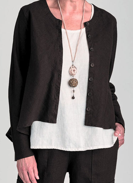 Beneficial Blouse, shown in Black, size Small.  Worn open, layered over the Fundamental Tank in White.  100% European Linen, Machine Washable.