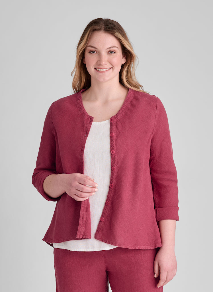 Beneficial Blouse, shown in Cranberry, size Small.  Worn open as a light jacket, with the sleeves rolled up.