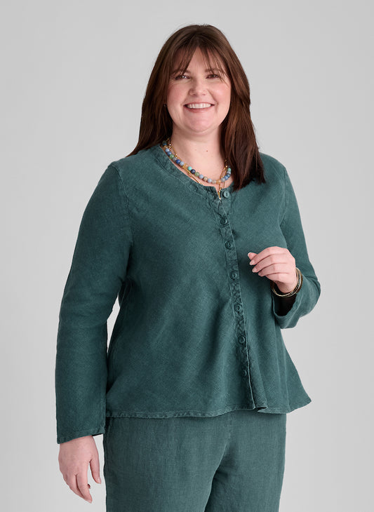 Beneficial Blouse, shown in Evergreen, size Medium.  Worn buttoned, as a blouse.  Cut on the bias, for a more contoured fit.